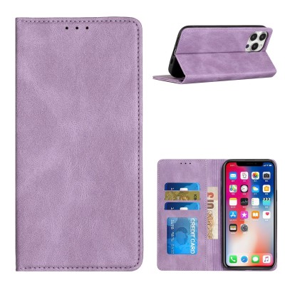 For Apple iPhone 14 PRO 6.1" Wallet Premium PU Vegan Leather ID Card Money Holder with Magnetic Closure - Purple