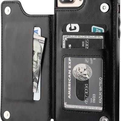 For Apple iPhone 8 Plus/7 Plus Luxury Side Magnetic Button Card ID Holder PU Leather Case Cover - Black