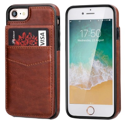 For Apple iPhone 8 Plus/7 Plus Luxury Side Magnetic Button Card ID Holder PU Leather Case Cover - Brown