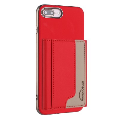 For Apple iPhone 8 Plus/7 Plus Luxury Side Magnetic Button Card ID Holder PU Leather Case Cover - Red