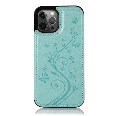 For Apple iPhone 8 Plus/7 Plus Luxury Side Magnetic Button Card ID Holder PU Leather Case Cover - Teal Butterfly Swirl