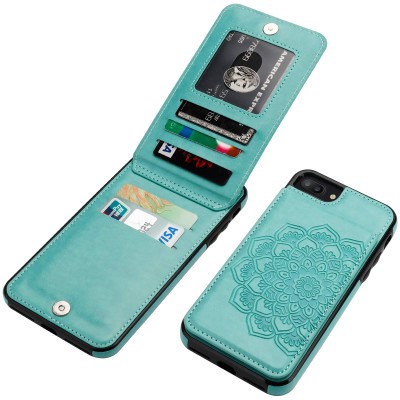 For Apple iPhone 8 Plus/7 Plus Luxury Side Magnetic Button Card ID Holder PU Leather Case Cover - Teal Mandala Flower
