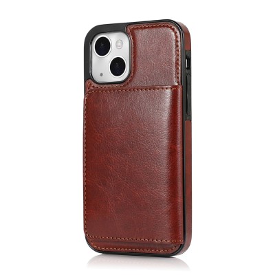 For Apple iPhone 8 Plus/7 Plus Luxury Vertical Magnetic Button Card ID Holder PU Leather Case Cover - Brown