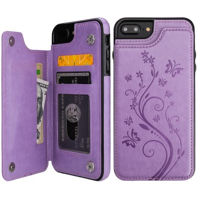 For Apple iPhone 8 Plus/7 Plus Luxury Wallet Card ID Zipper Money Holder Case Cover - Lavender