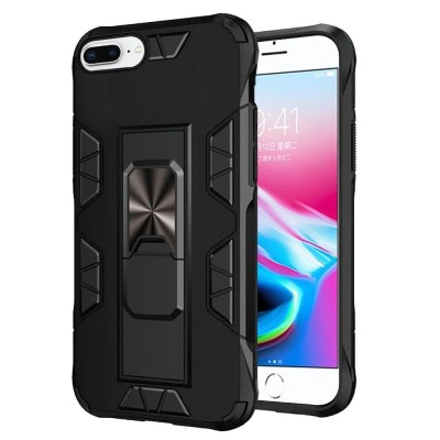 For Apple iPhone 8 Plus/7 Plus Ring Magnetic Kickstand Hybrid Case Cover - Black