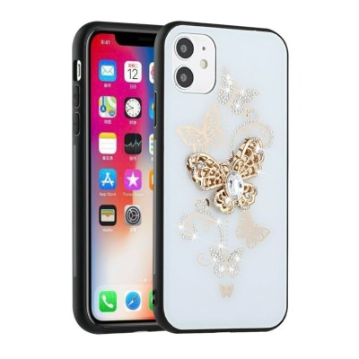 For Apple iPhone 8 Plus/7 Plus SPLENDID Diamond Glitter Ornaments Engraving Case Cover - Garden Butterflies White