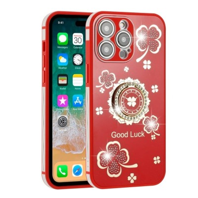 For Apple iPhone 8 Plus/7 Plus SPLENDID Diamond Glitter Ornaments Engraving Case Cover - Good Luck Floral Red