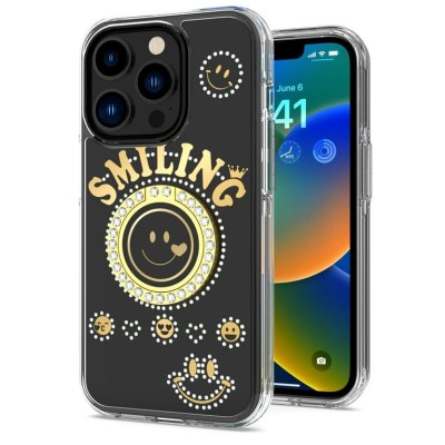For Apple iPhone 8 Plus/7 Plus Smiling Glitter Ornament Bling With Ring Stand Hybrid Case Cover - White
