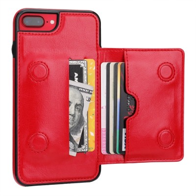 For Apple iPhone 8 Plus/7 Plus Wallet Premium PU Vegan Leather ID Multiple Card Holder Money with Strap - Red