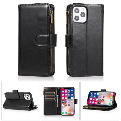 For Apple iPhone 8 Plus/7 Plus Luxury Wallet Card ID Zipper Money Holder Case Cover - Black