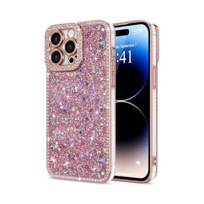 For Apple iPhone 14 PRO 6.1" Rhombus Bling Glitter Diamond Case Cover - Rose Pink