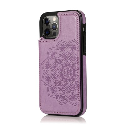 For Apple iPhone XR Luxury Side Magnetic Button Card ID Holder PU Leather Case Cover - Light Purple Mandala Flower