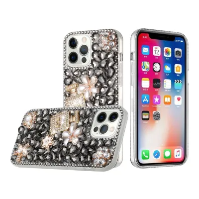 For Apple iPhone 14 PRO 6.1" Full Diamond with Ornaments Case Cover - Pearl Flowers with Perfume Smoke