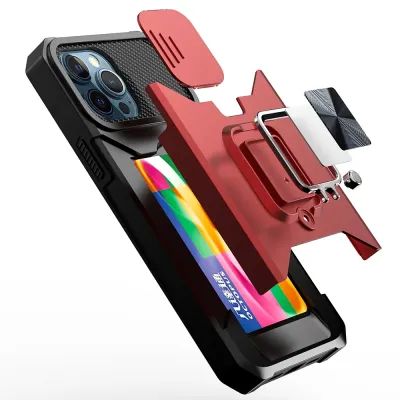 For Apple iPhone 8 Plus/7 Plus Multi-Functional Card Magnetic Ring Stand Hybrid Camera Case Cover - Red