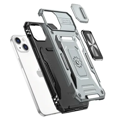 For Apple iPhone 8 Plus/7 Plus Utter Tough Metal Ring Movable Camera Window Hybrid Case Cover - Gray