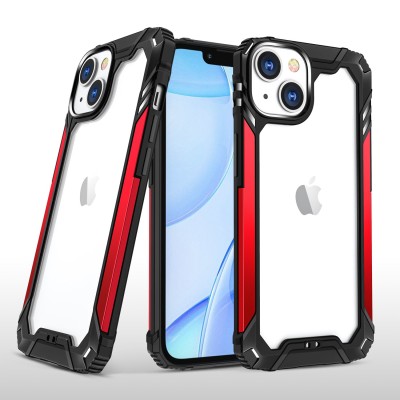 For Apple iPhone 14 PRO 6.1" Metal Frame Transparent Hybrid Case Cover - Red