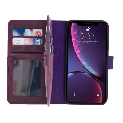 For Apple iPhone XR Bow Glitter Ornament Shimmer Wallet Case with Lanyard - Dark Purple