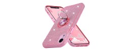 For Apple iPhone XR Bow Glitter Ornament Shimmer Wallet Case with Lanyard - Hot Pink