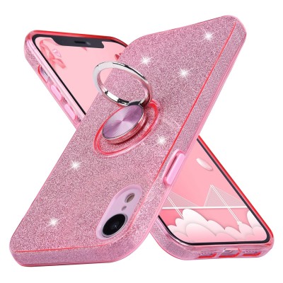 For Apple iPhone XR Bow Glitter Ornament Shimmer Wallet Case with Lanyard - Hot Pink