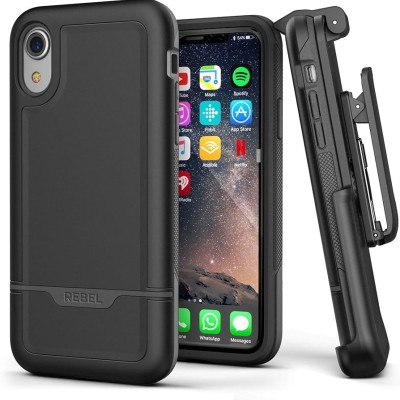 For Apple iPhone XR CARD Holster with Kickstand Clip Hybrid Case Cover - Black