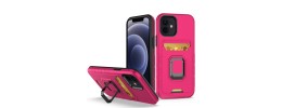 For Apple iPhone XR Card Holder with Magnetic Ring Stand Hybrid Case Cover - Hot Pink