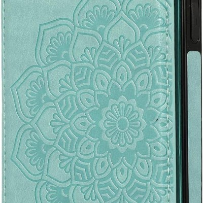For Apple iPhone XR Luxury Side Magnetic Button Card ID Holder PU Leather Case Cover - Teal Mandala Flower