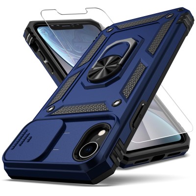 For Apple iPhone XR DISCOVER Ring Stand Hybrid With Slide Camera Cover Case - Navy Blue