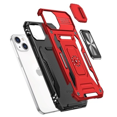 For Apple iPhone XR DISCOVER Ring Stand Hybrid With Slide Camera Cover Case - Red