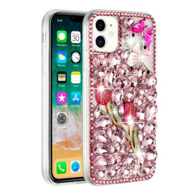 For Apple iPhone XR Full Diamond with Ornaments Case Cover - Pink Exquisite Garden