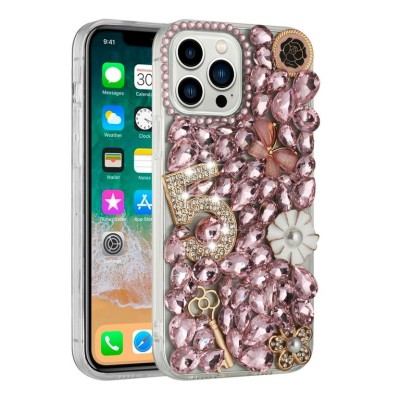 For Apple iPhone XR Full Diamond with Ornaments Case Cover - Pink Five Ornament Floral