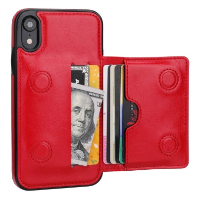 For Apple iPhone XR Luxury Side Magnetic Button Card ID Holder PU Leather Case Cover - Red