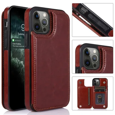 For Apple iPhone XR Luxury Vertical Magnetic Button Card ID Holder PU Leather Case Cover - Brown