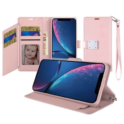 For Apple iPhone XR Luxury Wallet Card ID Zipper Money Holder Case Cover - Dark Purple