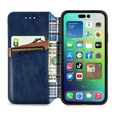 For Apple iPhone XR Retro Wallet Card Holder Case Cover - Dark Blue