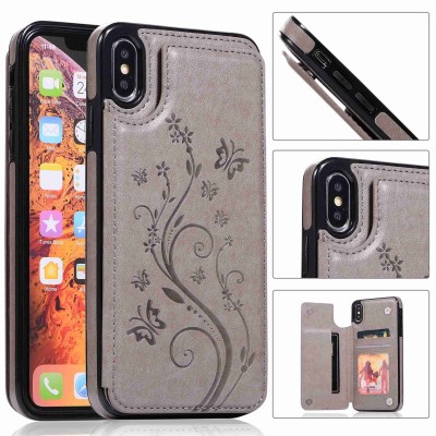 For Apple iPhone XR Retro Wallet Card Holder Case Cover - Gray