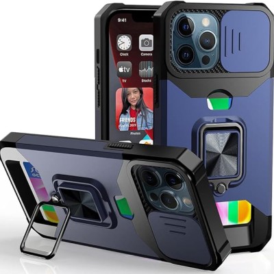 For Apple iPhone XR Multi-Functional Card Magnetic Ring Stand Hybrid Camera Case Cover - Blue