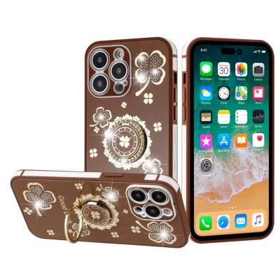 For Apple iPhone XR SPLENDID Glitter Good Luck Floral Design TPU Case Cover - Brown