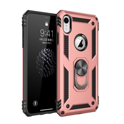 For Apple iPhone XR Superior RoseGold Chromed Edge IMD Ring Stand Design Case Cover - A