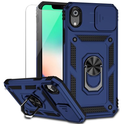 For Apple iPhone XR Well Protective Magentic Ring Stand Camera Protective Cover Case - Blue