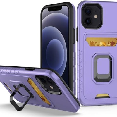 For Apple iPhone 14 6.1" Card Holder with Magnetic Ring Stand Hybrid Case Cover - Light Purple