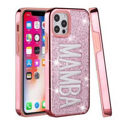 For iPhone 12 Pro Max 6.7 Embroidery Bling Glitter Chrome Hybrid Case Cover - MAMBA on Pink