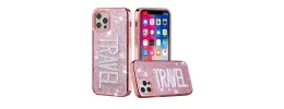 For iPhone 12 Pro Max 6.7 Embroidery Bling Glitter Chrome Hybrid Case Cover - TRAVEL on Pink