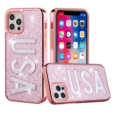 For iPhone 12 Pro Max 6.7 Embroidery Bling Glitter Chrome Hybrid Case Cover - U.S.A on Pink