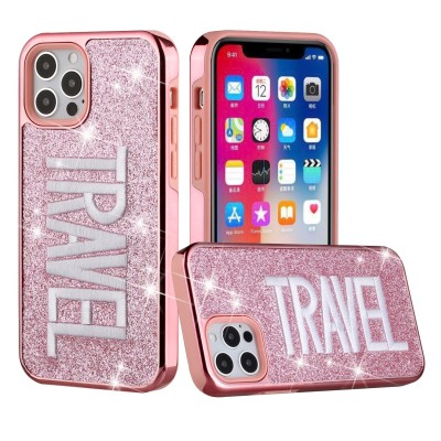 For iPhone 12 Pro Max 6.7 Embroidery Bling Glitter Chrome Hybrid Case Cover - CHIC on Pink