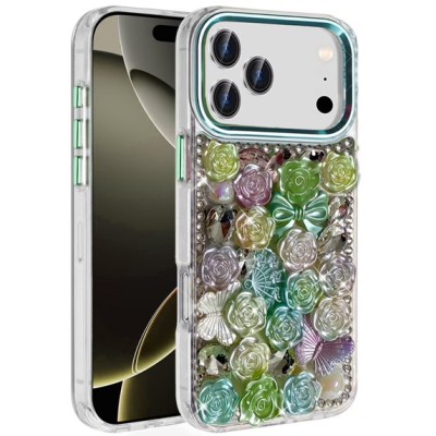 For iPhone 17 Pro Muti-Color Floral Bling Stones Ornaments Case  Green