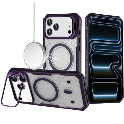 For iPhone 17 Pro Max Tough Dotted Design HQ Hybrid with Metallic Camera Stand Magnetic Ring Case - Dark Purple