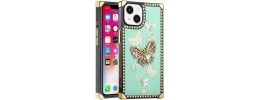 For Apple iPhone 14 PRO 6.1" Passion Square Hearts Diamond Glitter Ornaments Engraving Case Cover - Garden Butterflies Teal
