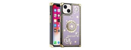 For Apple iPhone 14 PRO 6.1" Passion Square Hearts Diamond Glitter Ornaments Engraving Case Cover - Good Luck Floral Purple