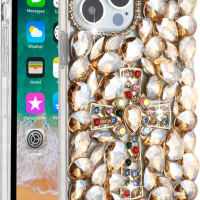 For Apple iPhone 14 PRO 6.1" Cross Full Diamond Bling Case Cover - Gold