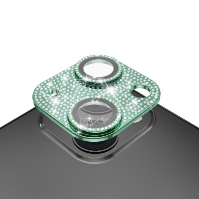 For Apple iPhone 13/13 Mini Diamond Bling Camera Lens Full Tempered Glass - Midnight Green